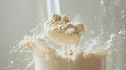 Wall Mural - Close-up of a scoop delicately releasing protein powder in slow motion, set against a bright white backdrop