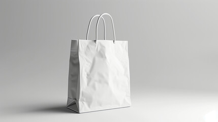 Wall Mural - White Folded paper bag with handle isolated on white background. Paper bag. Kraft paper shopping bag. White folded paper bag with handle. Empty grocery paper bag. Recycled carton package. Mock up