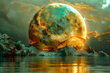 Fototapeta  - Planète fissurée et embrasée se reflétant dans l'eau, concept de réchauffement climatique