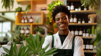 Happy African American man, marijuana user, frequent client of cannabis dispensary