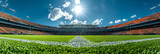 Fototapeta Sport - Wide-angle view of a sunlit football stadium with vivid green turf