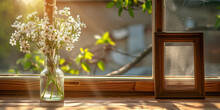 A Vintage Brown Picture Frame Beside A Glass Vase With White Blossoms On A Sunlit Windowsill