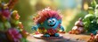 A cute toy troll, a toy that is popular with today's children, with a bouquet of flowers in a natural abstract green back garden. floral composition. spring