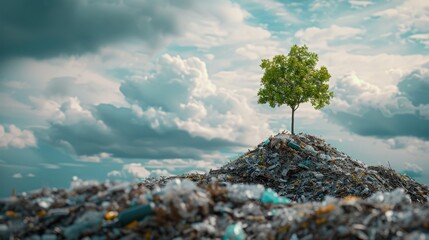 Wall Mural - a young tree growing on a pile of plastic waste