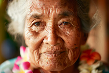 Senior Hawaiian woman portrait, aged Native Hawaiian, proud heritage, cultural identity