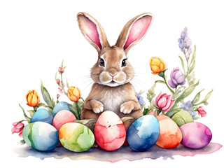 png watercolor hare, rabbit with easter eggs, on transparent background, sublimation for t-shirt and