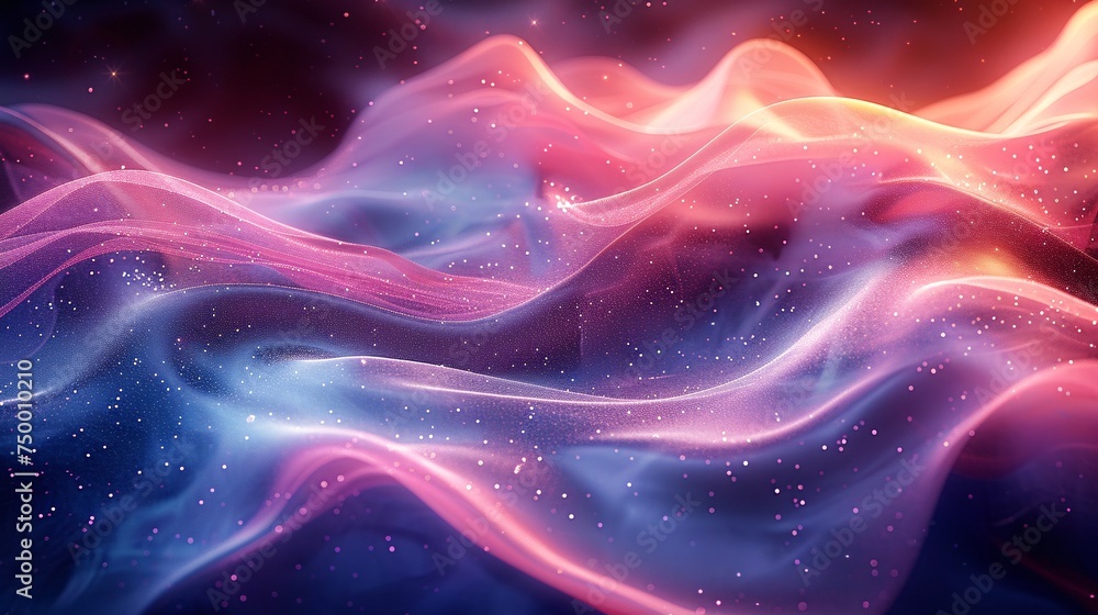 An abstract cosmic background with undulating waves of pink and blue ...