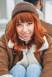 © velirina - Love romantic couple lovestory. Brutal bearded man, bright red-haired girl woman in winter park. Romantic date, kissing, hugging. Walking, having fun. Stylish clothes, red sheepskin coat, jacket, hat