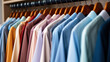 Fashion clothes on clothing rack - bright colorful closet. Closeup of color choice of trendy female wear on hangers in store closet or spring cleaning concept. Summer home wardrobe.