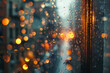 Raindrops cling to a window, illuminated by the colorful bokeh lights of the city at night, creating a beautiful, dreamy atmosphere.