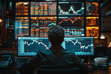 A man sits behind modern large monitors and sells on the exchange, bitcoin, coin schedule.