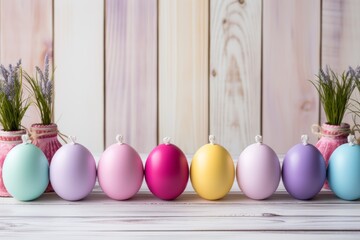 Wall Mural - Easter egg minimalist background design with arrangement of eggs seen from above