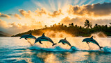 Fototapeta Zachód słońca - dolphins jump out of the sea. Selective focus.