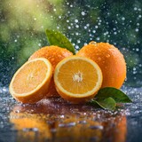 Fototapeta Niebo - Fresh organic whole and sliced orange fruit in water drops