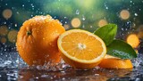 Fototapeta Tulipany - Fresh organic whole and sliced orange fruit in water drops