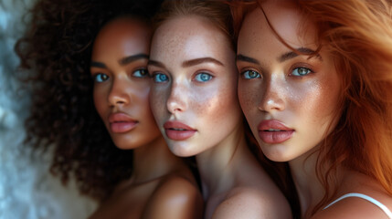 Poster - Studio headshot of beautiful multiethnic girls with natural beauty and glowing smooth skin.