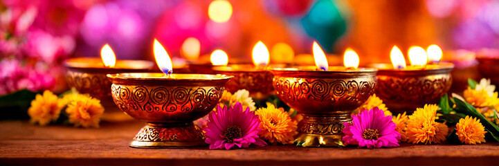 burning candles for Diwali. Selective focus.