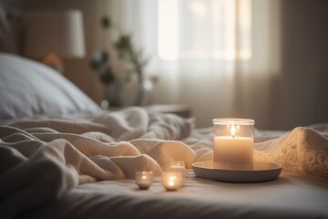 Wall Mural - A serene bedroom setting featuring a single lit candle placed on the bed, creating a warm and inviting ambiance, emphasizing relaxation and tranquility in home comfort