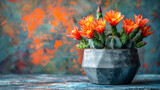 Fototapeta Dmuchawce - Blooming cactus flowers in a modern geometric concrete planter in grey and orange background, copy space