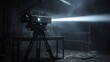 a small thin railgun turret on a tripod infused with magic energy in a dark room