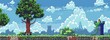 Pixel art landscape with city and trees