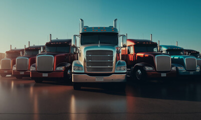 Truck on parking on sunset. American truck parked. Freight transport and Cargo shipping transportation. Semi trucks parked in row. Semi Tractor Trailer Trucks on highway. Semi Tractor Trailer Trucks