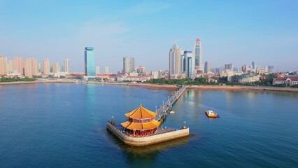 Poster - Aerial Photography of the Scenery of Qingdao Zhanqiao Huilan Pavilion and Urban Skyline in Shandong, China