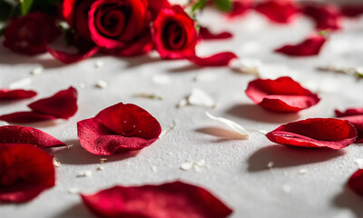 Wall Mural - rose and rose petals on a white background. Selective focus.