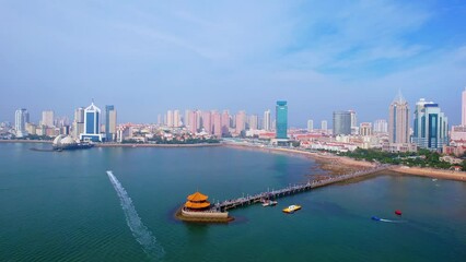 Poster - Aerial Photography of the Scenery of Qingdao Zhanqiao Huilan Pavilion and Urban Skyline in Shandong, China