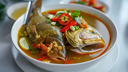 Wall Mural - Spicy whole fish soup with fresh herbs and vegetables