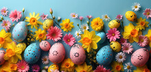 Easter Celebration With Blue And Yellow Flowers And Decorated Eggs