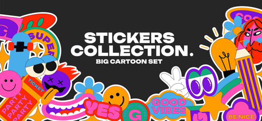 Wall Mural - Big set cartoon stickers in 90s retro groovy style. Doodle drawings, characters, elements, shapes. Various patches, labels, tags, stickers, stamps. Vector set, trendy promo labels