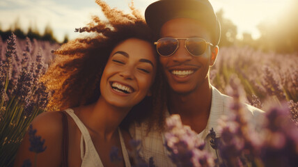 Wall Mural - Young Interracial Couple Enjoying Sunshine in Summer Lavender Field copy space