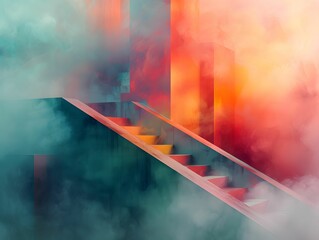 Abstract Ethereal Staircase with Colorful Mist