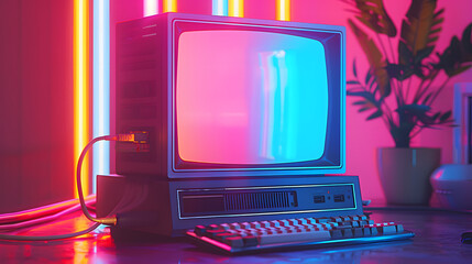 Wall Mural - vintage computer with crt monitor from 80s or 90s and neon colors lights