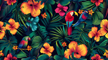 Seamless Pattern Background Influenced By The Forms And Vibrant Colors Of Tropical Rainforests With Colorful Birds And Flowers