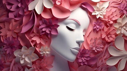 Wall Mural - Illustration of face and flowers style paper