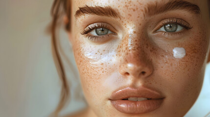 Wall Mural - Close-up shot of female skin with freckles with white cream