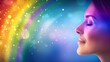 A woman's profile bathed in a radiant iridescent glow of a rainbow, symbolizing inner peace and the vibrant energy of the human soul.