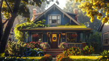 A Cozy Suburban House With A Covered Porch, Adorned With Hanging Flower Baskets And Classic Craftsman Details, Bathed In The Morning Sunlight.