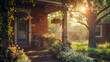 A cozy suburban house with a covered porch, adorned with hanging flower baskets and classic craftsman details, bathed in the morning sunlight.