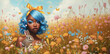 blue haired woman with golden ribbon and rabbit amid fantasy flowery field