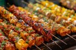 Bustling street market in Bangkok,  street food presented in a market,  showcases skewered delicacies, their vibrant colors and textures inviting passersby to indulge.