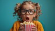 Young fun shocked surprised astonished child kid girl 6-7 year old lower 3d glasses watch movie film hold bucket of popcorn in cinema looking camera isolated on plain green background studio portrait 