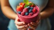 Close up woman hand holding a glass with berry smoothie, healthy eating, cooking, vegetarian food, dieting and people concept, generative ai