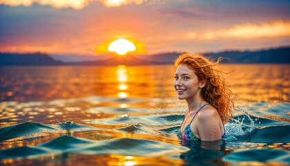 Wall Mural - woman on the beach at sunset sea swimming 