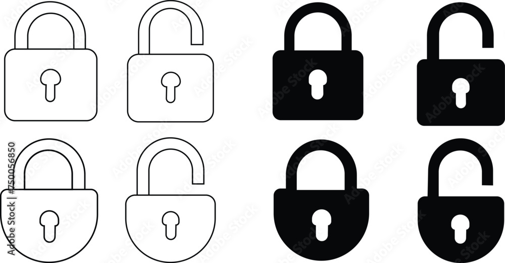 Black isolated icon of locked and unlocked lock on white background ...