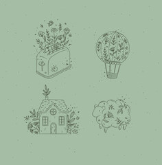 Wall Mural - Hand drawn hot air balloon, toaster, village house, sheep icons drawing in floral style on green background