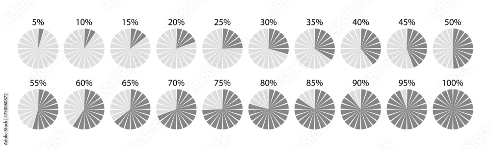 Piechart with percent segments. Round section graph divided into slices ...