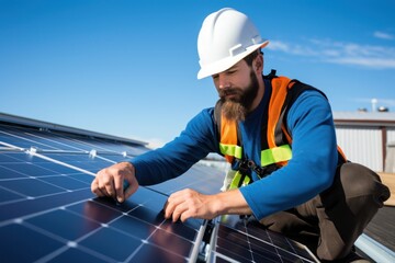 Electrician worker on the roof instal solar panels. Technician installing photovoltaic panels on the house roof. Cleaning worker on the solar panels construction